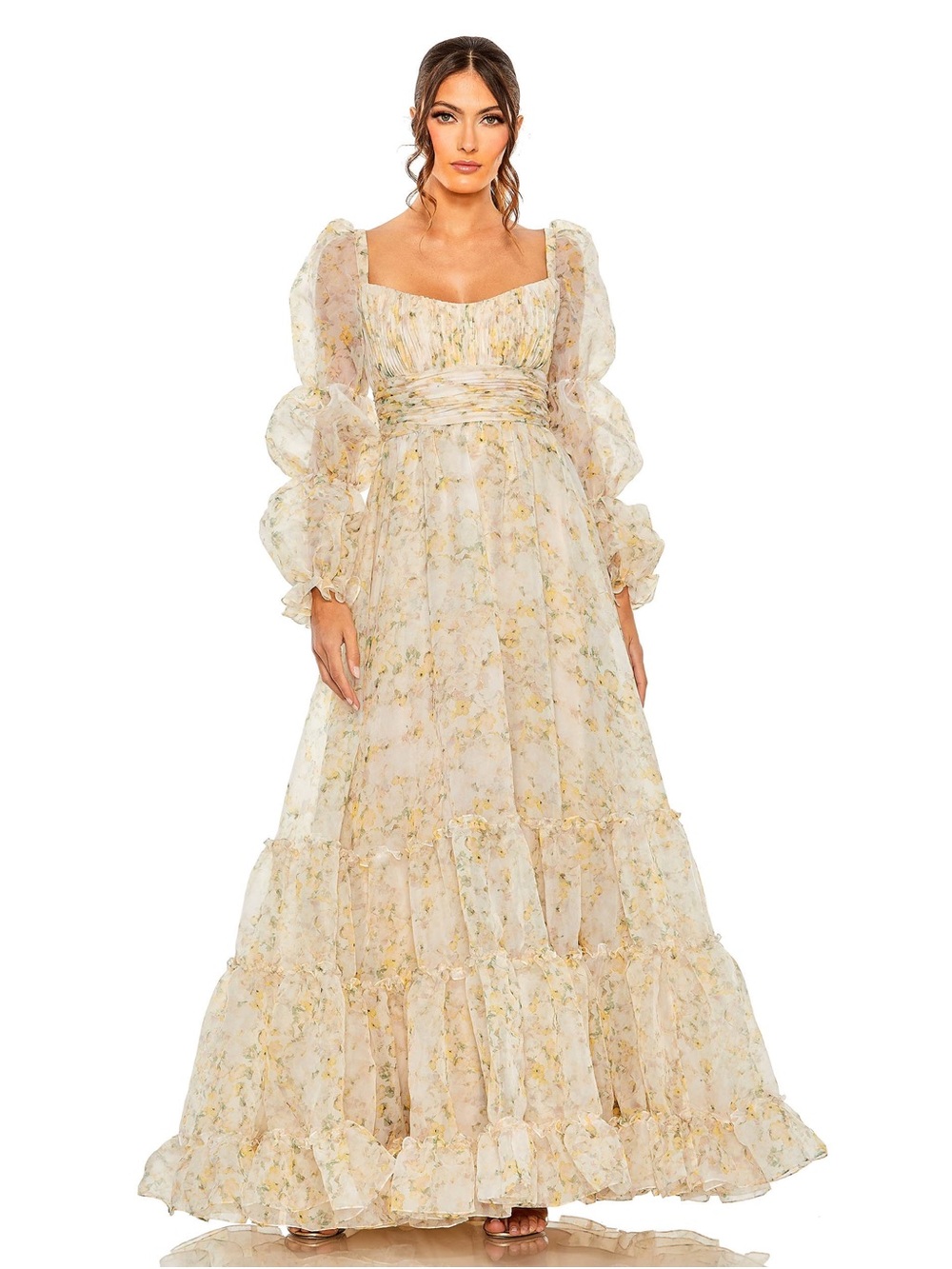 Mac Duggal Cream Maxi Dress with Yellow Floral Print